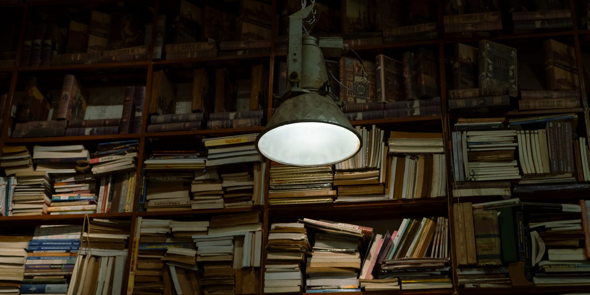 A quiet stack of reference books on a shelf in warm, muted light